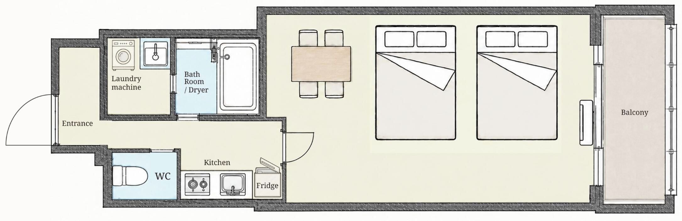 A floor plan with an entrance, laundry machine, bathroom, kitchen, WC, fridge, and a balcony.