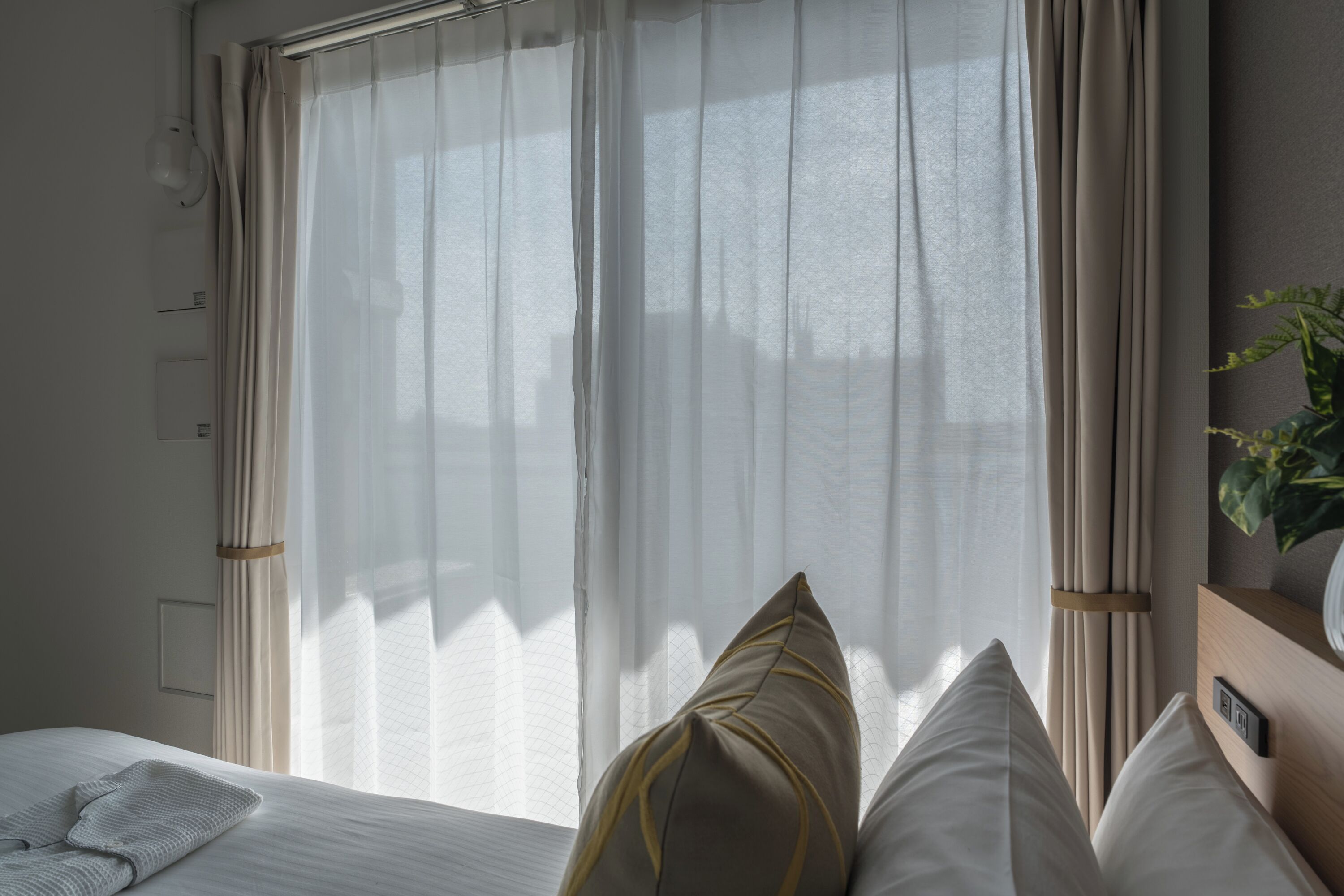 A hotel room with a bed, curtains, a bedside table, and a plant.