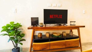 A wooden entertainment center with a flat-screen TV displaying 'NETFLIX' and a potted plant beside it. - MICAELA apartment, pool, AC next to the lagoon (Bárbara Guerrero Pérez)
