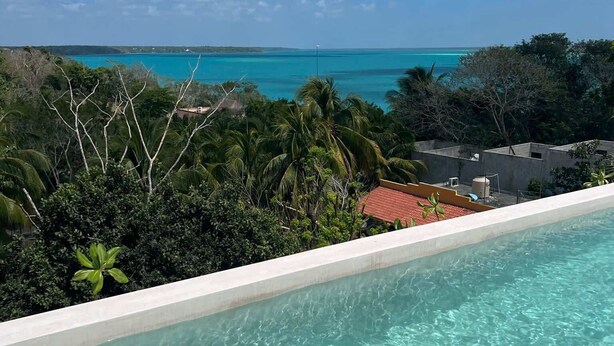 A clear view of a swimming pool with a view of the ocean and tropical vegetation. - MICAELA apartment, pool, AC next to the lagoon (Bárbara Guerrero Pérez)