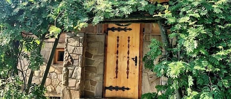 Una casa de piedra con puerta de madera, rodeada de abundante vegetación.