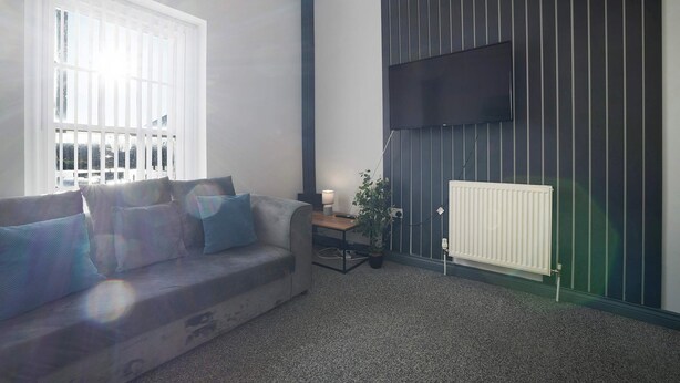 Un salon moderne avec un canapé gris, une petite table, une plante en pot et un radiateur adossé à un mur sombre.