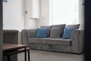 A grey sofa with blue cushions in a room with a carpeted floor and a window.
