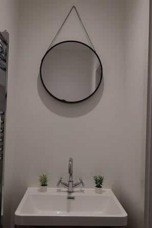 A bathroom with a white sink, two small potted plants, a modern faucet, and a round mirror with a black frame.