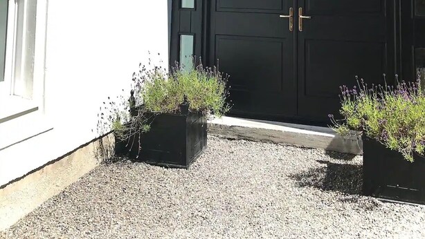 A black garage door with a window on the left, two potted plants in front, and a white building on the left.