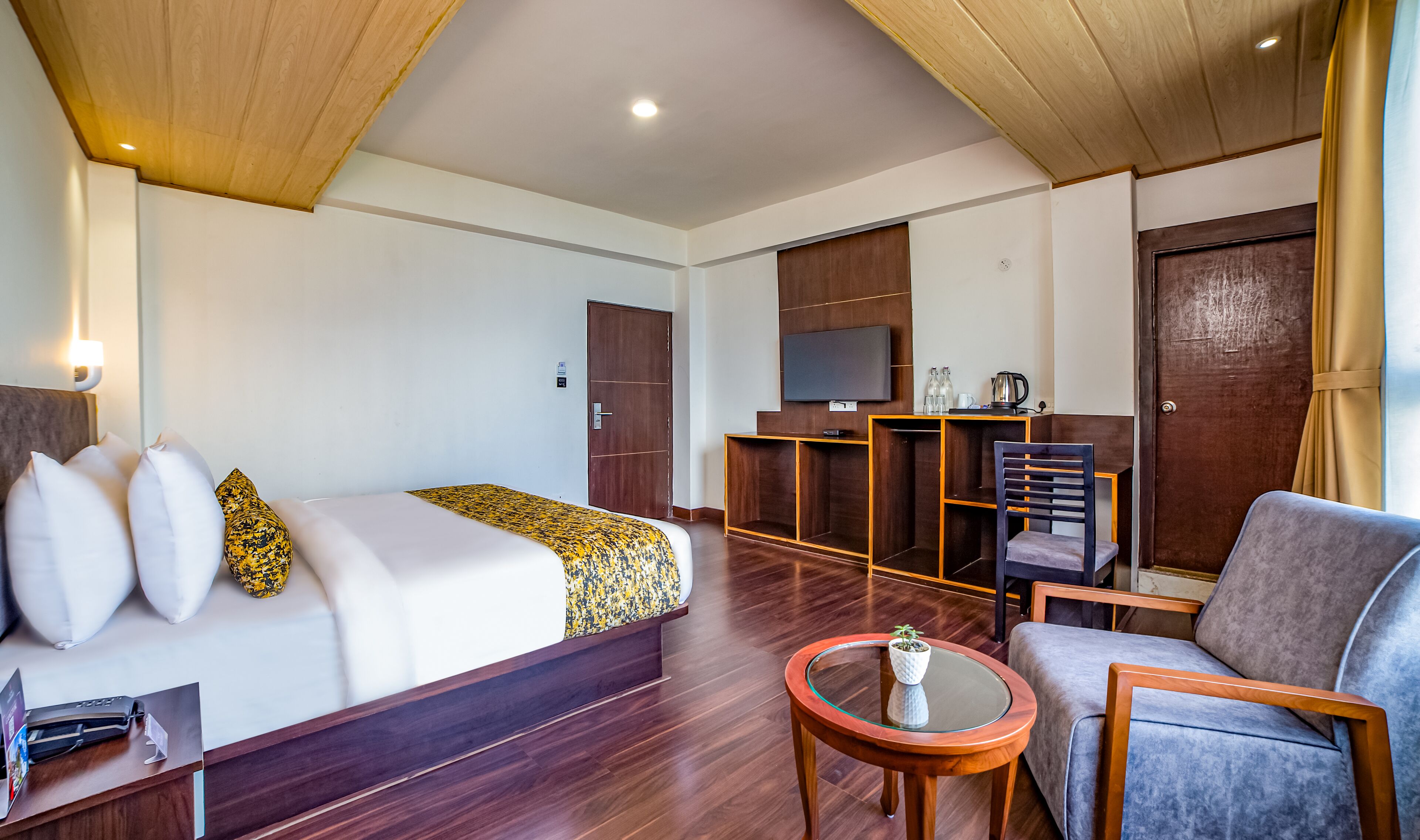 A hotel room with a bed, a desk, a chair, a TV, and a small table with a plant.