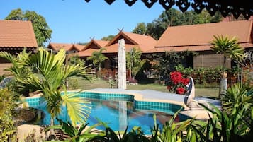 Outdoor pool, pool umbrellas, pool loungers