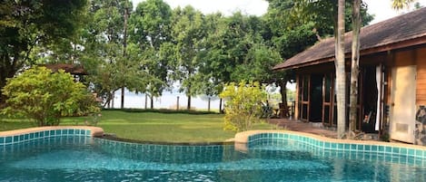 Outdoor pool, pool umbrellas, pool loungers