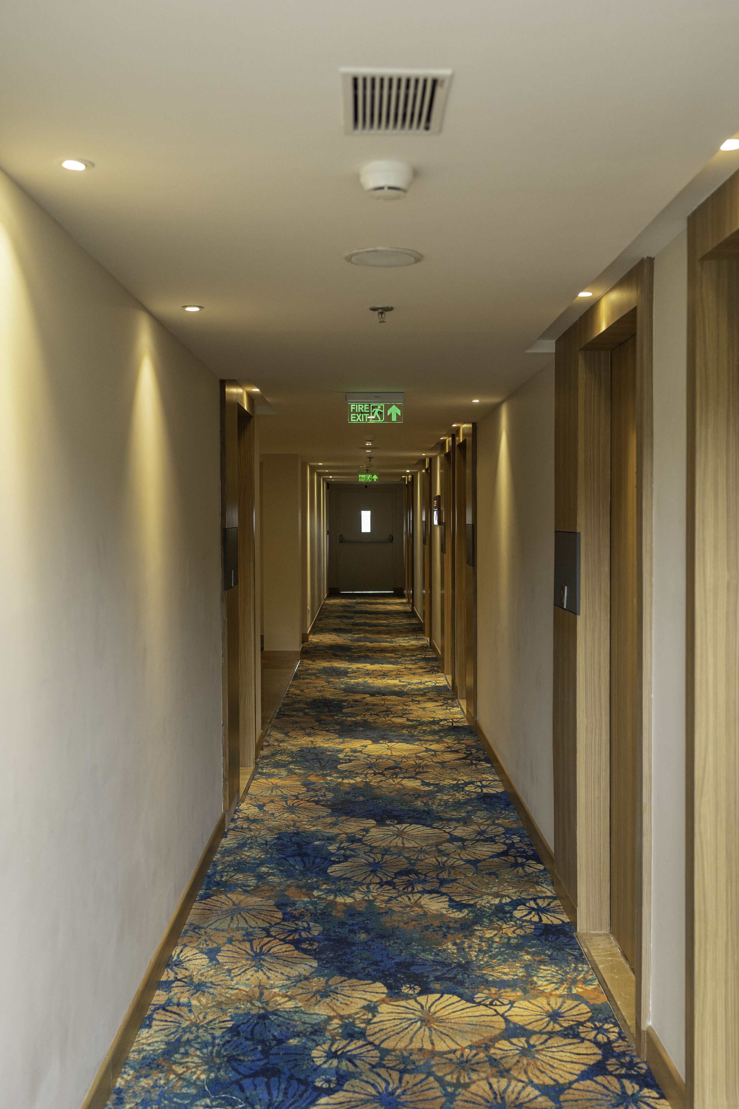 A hotel corridor with a patterned carpet, wooden doors, and a fire exit sign.
