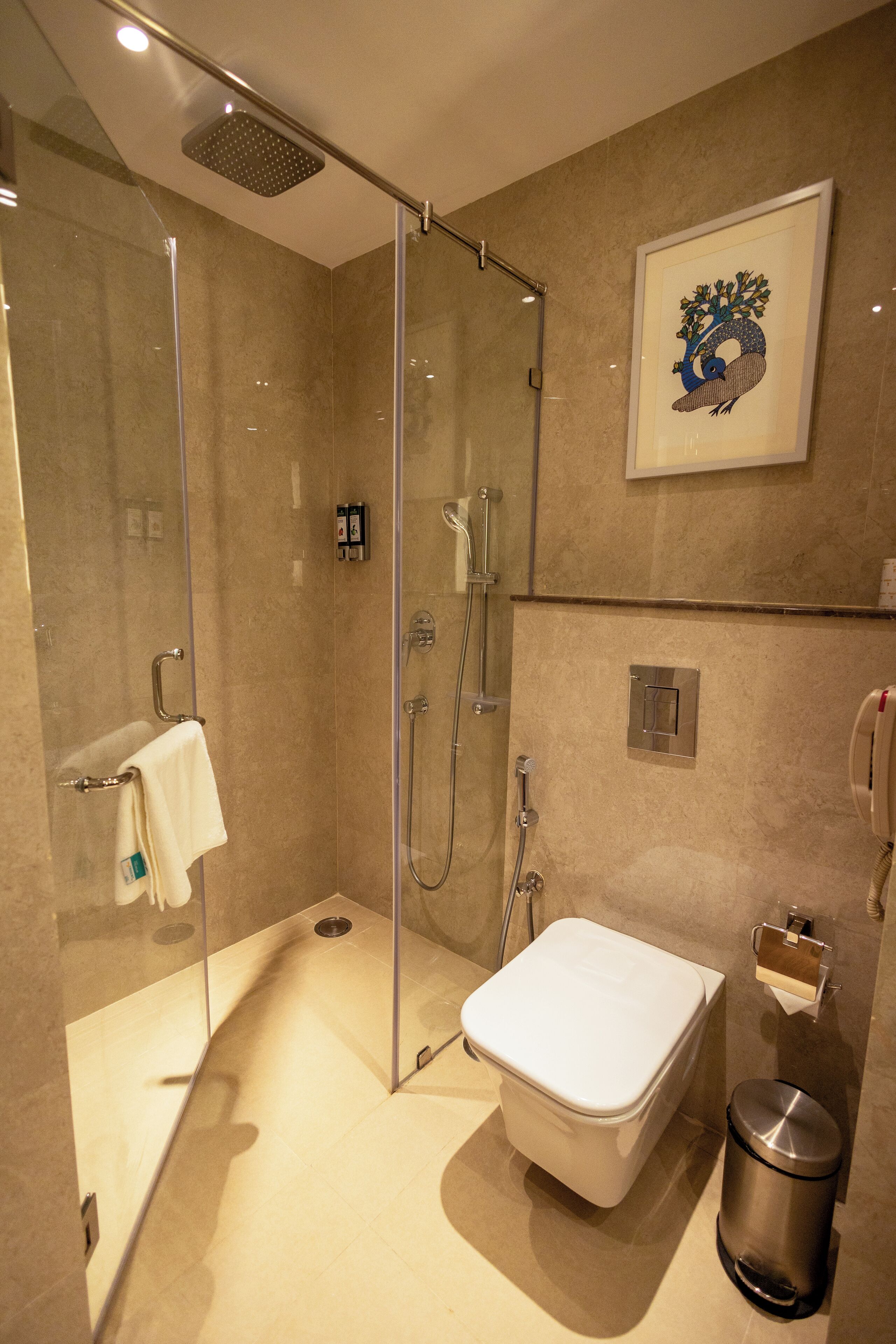 Ein modernes Badezimmer mit einer gläsernen Duschkabine, einer Toilette und einem Mülleimer.