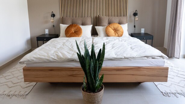 A modern bedroom with a wooden bed, two bedside tables with lamps, a potted plant, and a striped wall.