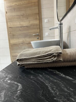 Shower, hair dryer, towels, toilet paper