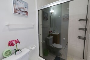 Ducha, secador de pelo, toallas, jabón