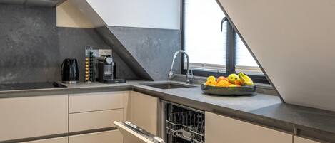 Apartment | Private kitchen | Fridge, microwave, oven, stovetop