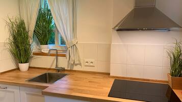 Een koelkast, een oven, een kookplaat, een vaatwasser