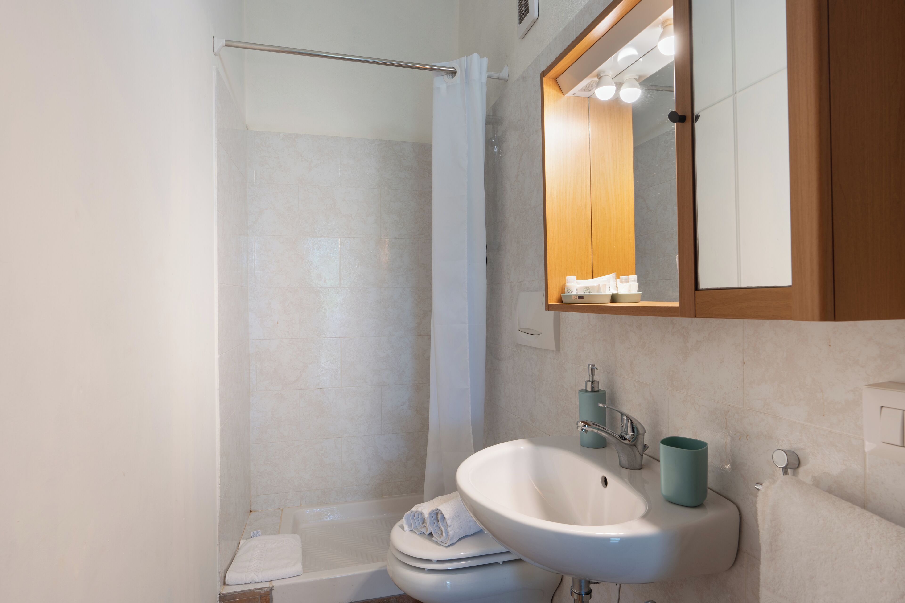 A modern bathroom with a shower, toilet, sink, and mirror.