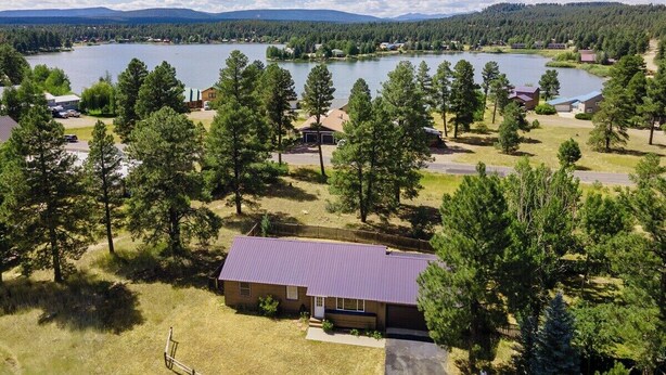 A lakeside property with cabins, a large lake, and surrounding forest.
