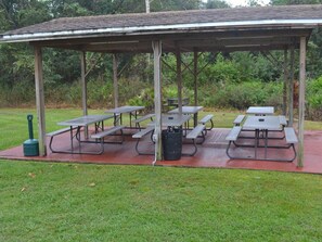 Enjoy a picnic in a serene park setting with a covered area featuring picnic tables and benches.
