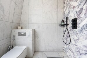 Regadera, secadora de cabello, bidet, toallas