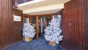 A wooden building with a sign reading "LE BELLECOTE" and two frosted Christmas trees in front. - 20m from ski slopes, 2nd floor, balcony, tv, 25m², Les Arcs (Les Arcs)