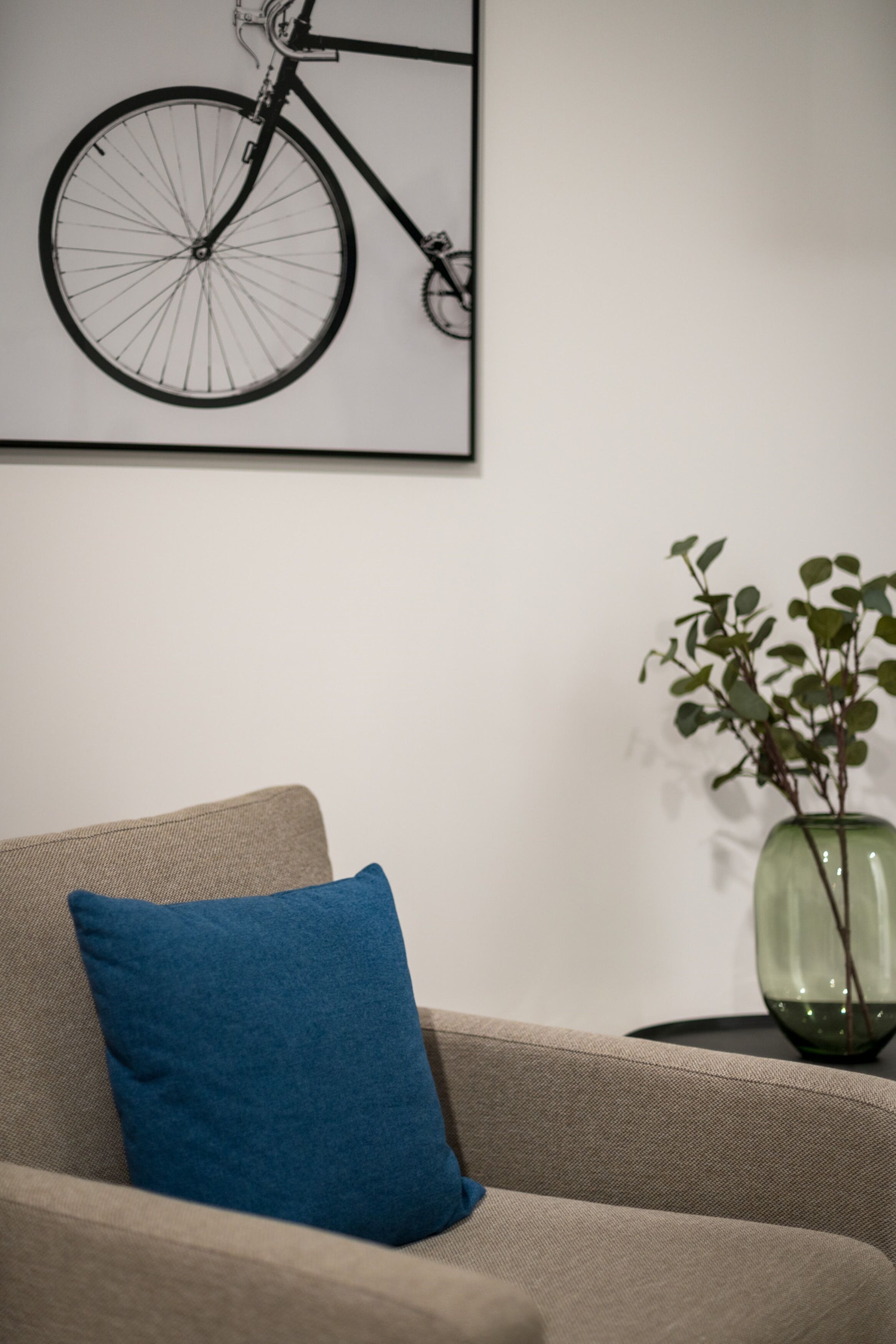 Quarto com sofá bege, almofada azul, quadro de bicicleta na parede e vaso verde com planta.