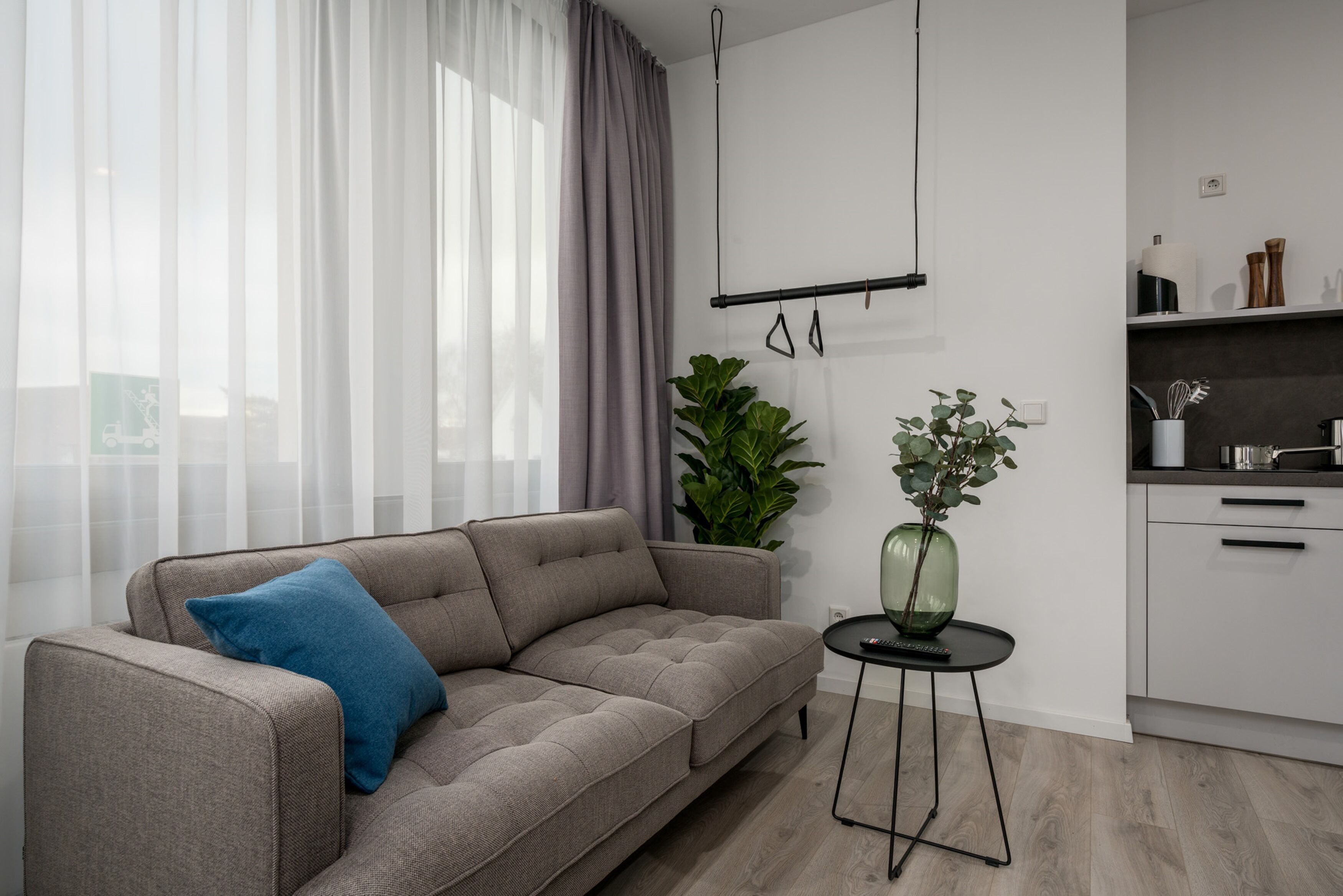 Een moderne woonkamer met een grijze bank, een klein bijzettafeltje, een groene plant en een keuken met witte kasten en een zwart aanrecht.