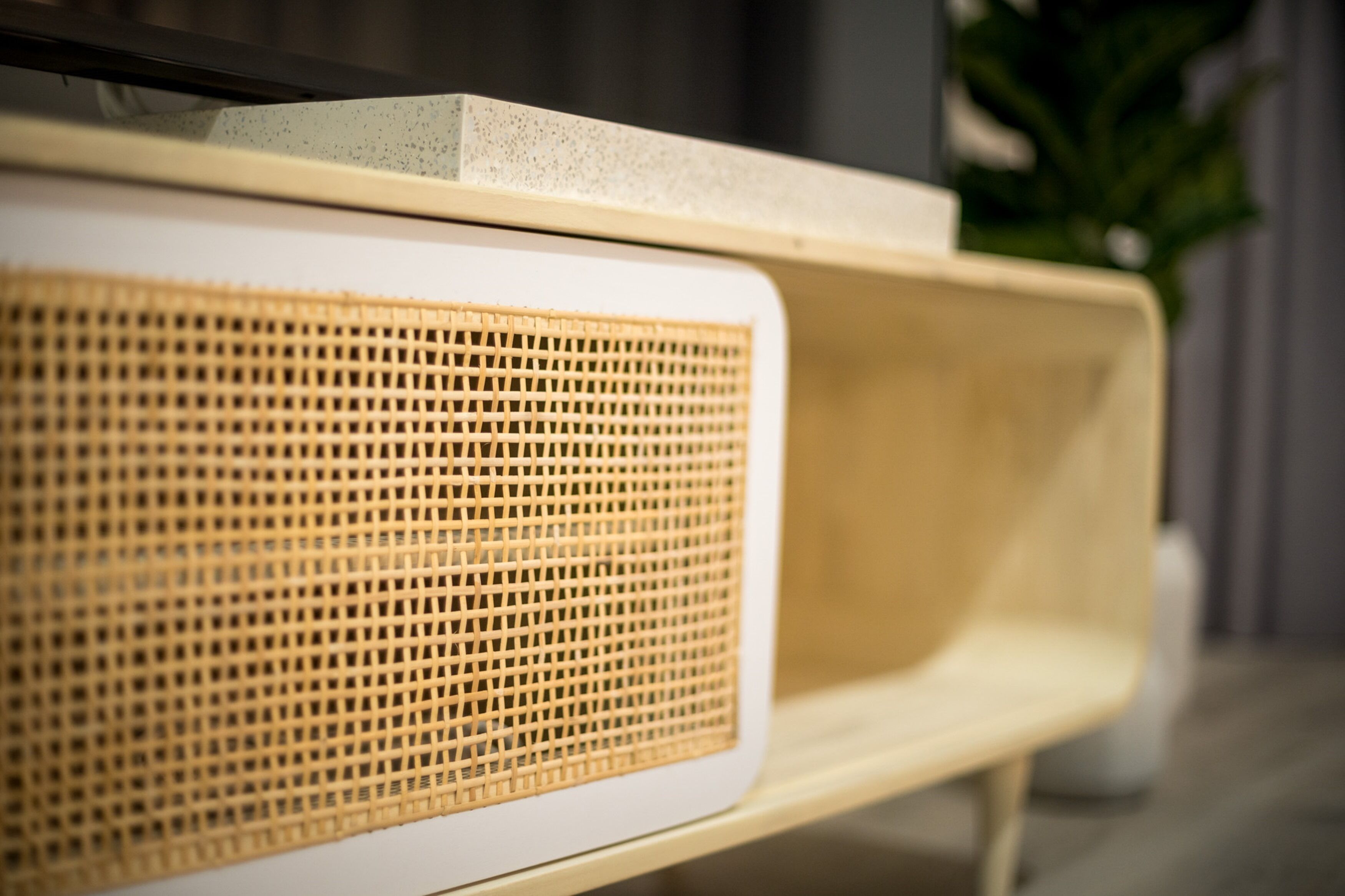 A close-up of a vintage-style speaker with a woven grille.