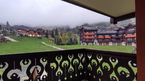 A balcony with a view of a residential area, including houses and a forested hill. - 100m from shops, 2nd floor, view ski slopes, balcony, ski locker, 39m², Valmorel (Valmorel)