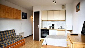 A compact living space with a sofa, a small wooden table, a kitchenette with a stove and coffee maker, and a television on a wooden stand. - 10m from ski slopes, 2nd floor, balcony, tv, ski locker, 23m², Auris en Oisans (Auris)