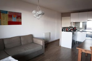 A living room with a sofa, a dining table with chairs, a kitchen area with cabinets, and a radiator.