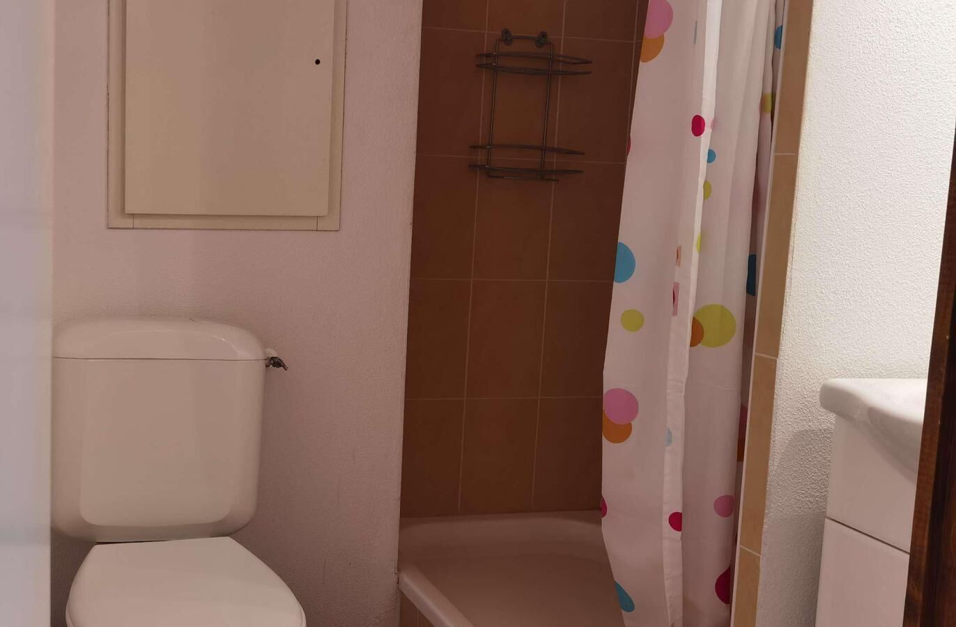 A small bathroom with a toilet, a shower area, and a curtain with a polka dot pattern.