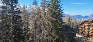 A lodge with a wooden exterior and multiple balconies, surrounded by dense forest and snow-capped mountains in the background.