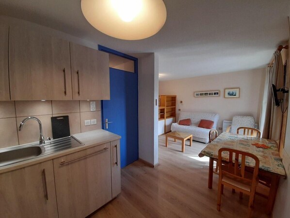 A compact living space with a kitchenette, a dining area, and a seating area with a sofa and chairs.