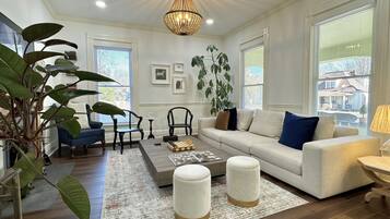 Smart TV, fireplace, books, stereo