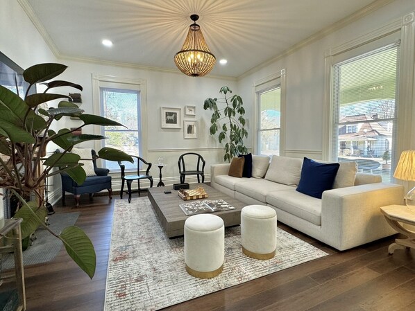 Smart TV, fireplace, books, stereo