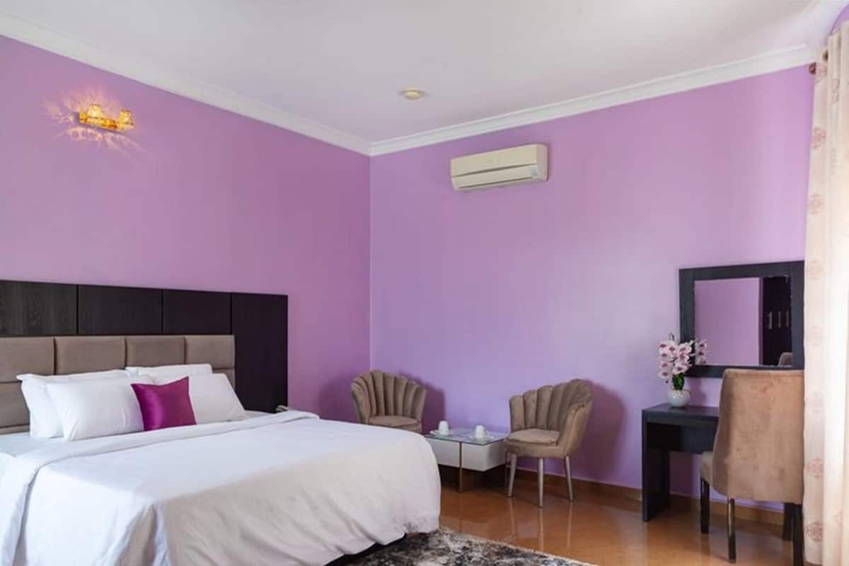 Een slaapkamer met een bed, twee stoelen, een bureau, een airconditioning en een spiegel.