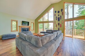 TV, fireplace, books