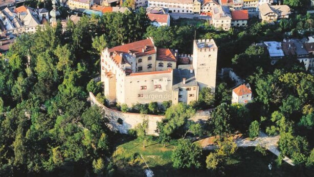 Ein Luftbild eines Schlosses, umgeben von dichtem Grün, mit einem Burggraben und mehreren Türmen.
