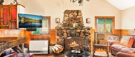 Cabin, Multiple Beds, Patio, Mountain View (Whispering Pines) | Living area | 42-inch flat-screen TV with digital channels, fireplace