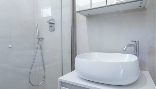 A modern bathroom with a white sink, a handheld showerhead, and a glass shower enclosure.