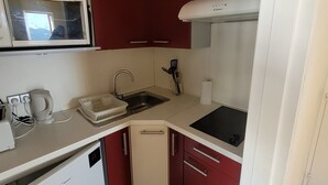 A compact kitchen with a microwave, sink, and a small dishwasher.