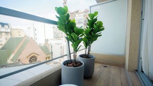 Varanda com duas plantas em vasos, vista de edifícios e uma porta branca.