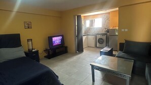 A room with a bed, a TV, a coffee table, a sofa, and a kitchen area in the background. - Studio loft waterfront (Haouzia)