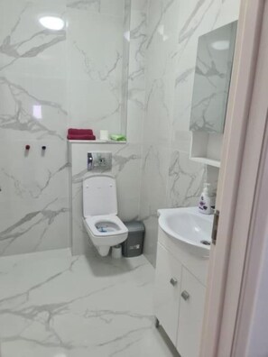 Shower, eco-friendly toiletries, bidet, towels