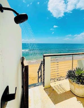 Vista a la playa con una ducha, barandilla de madera y una planta en maceta.