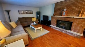 TV, fireplace, books