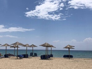 Une plage avec plusieurs parasols en chaume et des chaises longues.