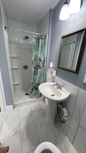 Hair dryer, towels, soap, toilet paper