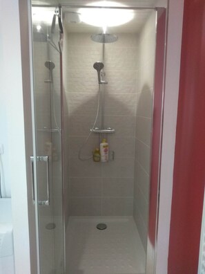 Dusche, Haartrockner, Handtücher, Seife