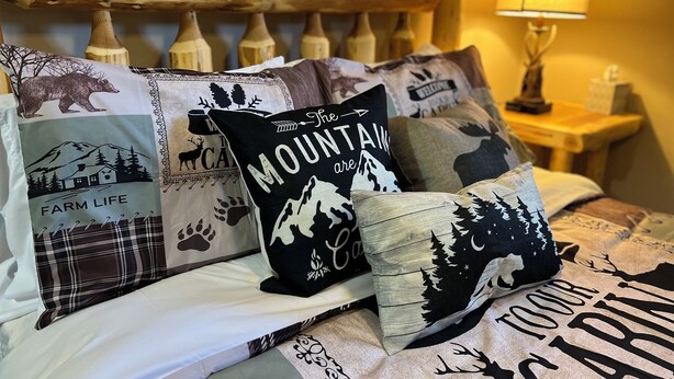 A bed with multiple decorative pillows featuring wildlife and nature-themed designs. - Dragons Lair - motorcycle friendly, all paved roads, lockable garage, no incline (Robbinsville)